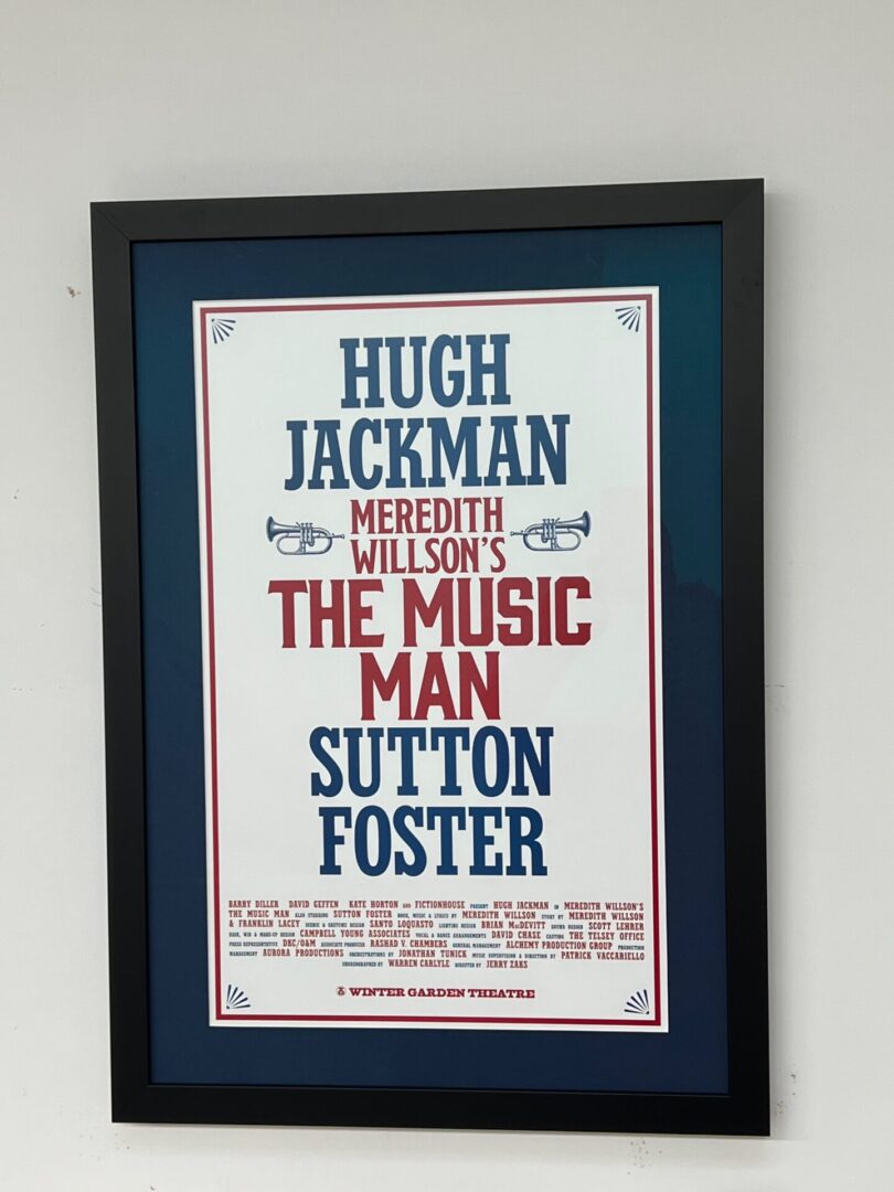 Framed Broadway Revival Poster of Music Man 2022 starring Hugh Jackman and Sutton Foster