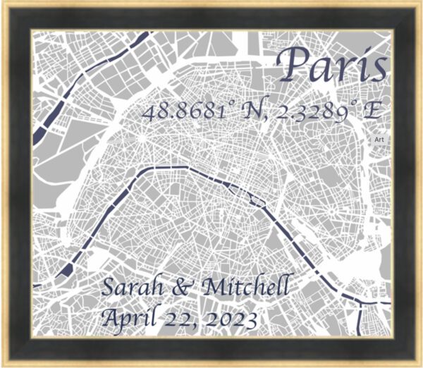 Paris Map with Custom Wedding Names of Couple and City Coordinates